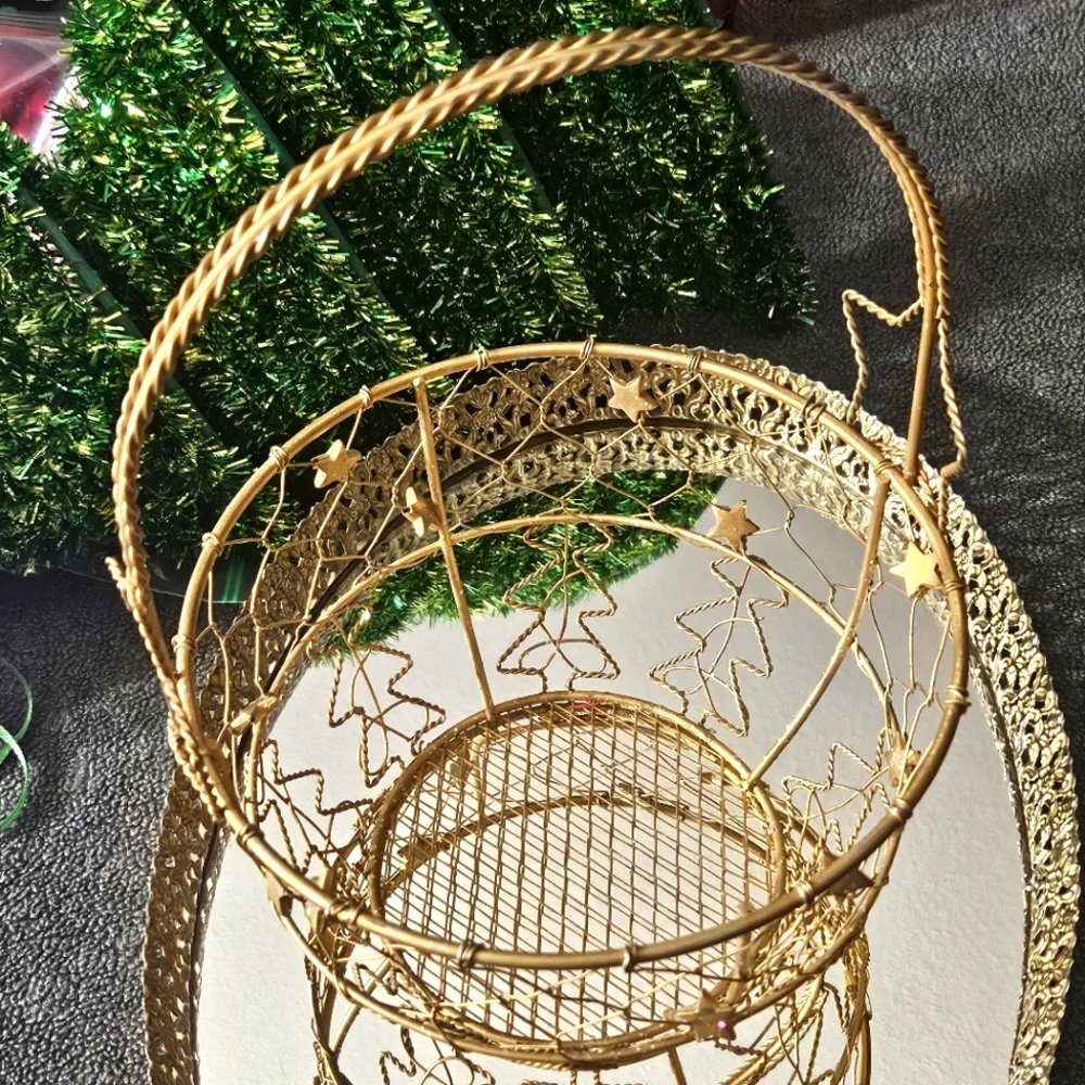 Festive Red, Green, and Gold Craft Box With Golden Metal Basket